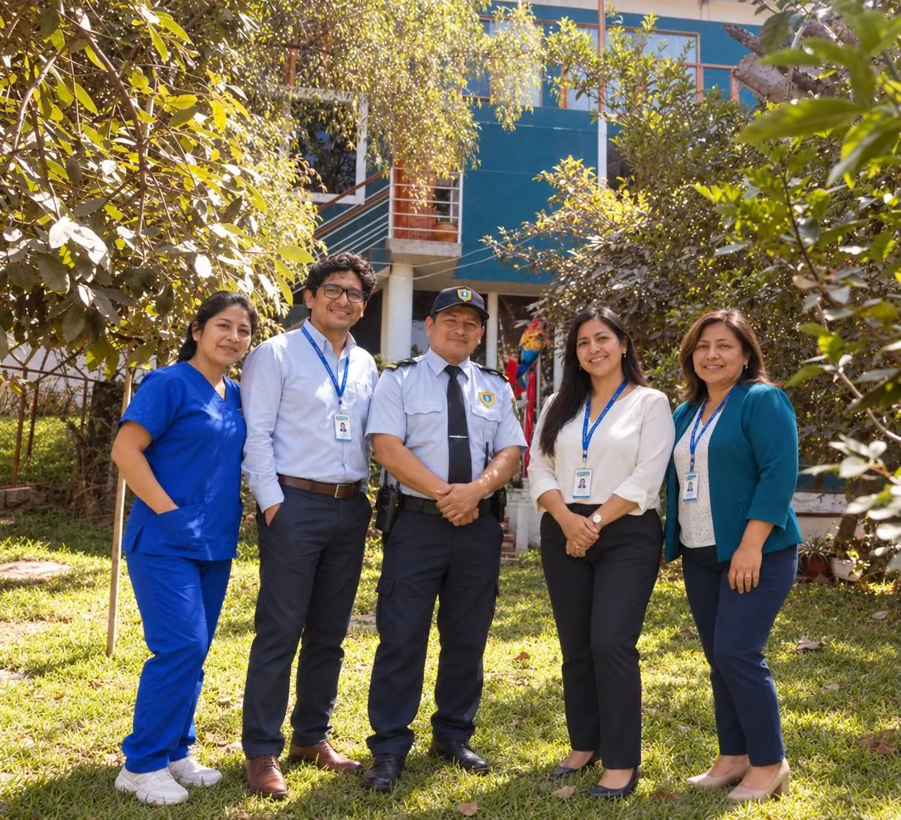 El equipo de Casa Evenecer: enfermera, psicólogo, agente de seguridad y dos profesionales, de pie en el jardín frente a la casa